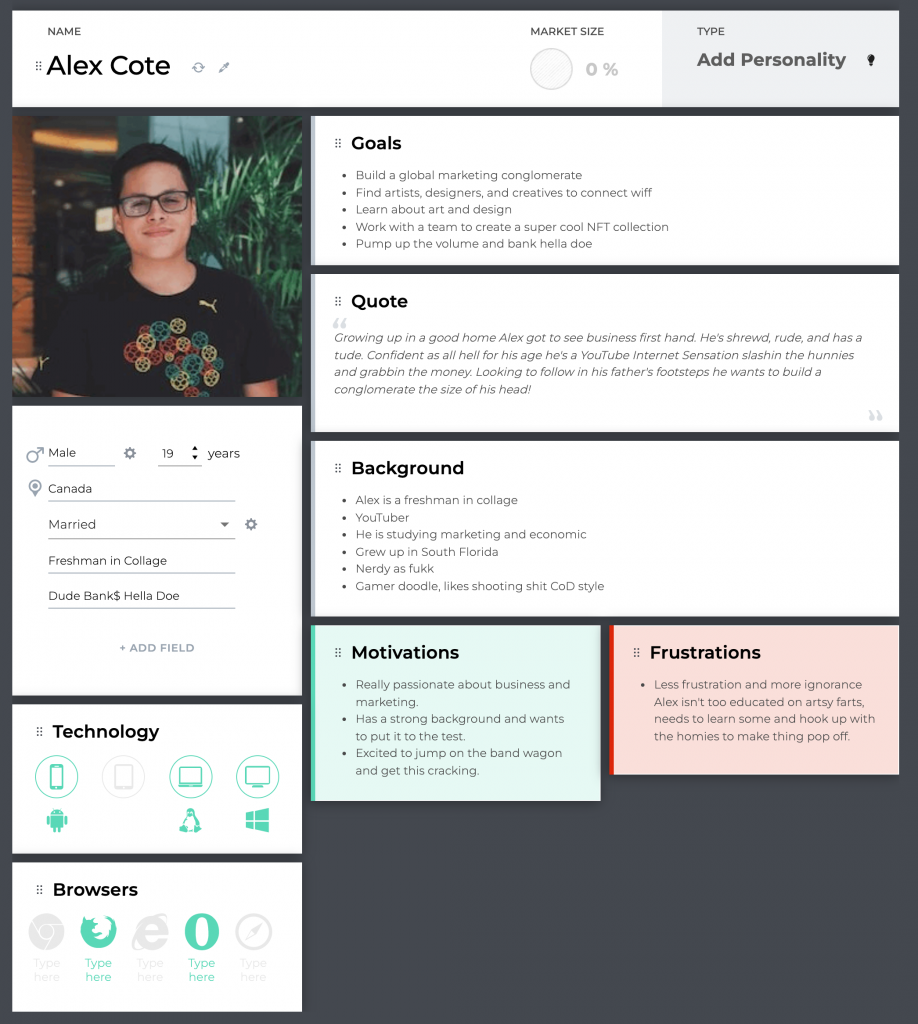 A user persona depicting a UX Designer named Alex created with UXPressia.
