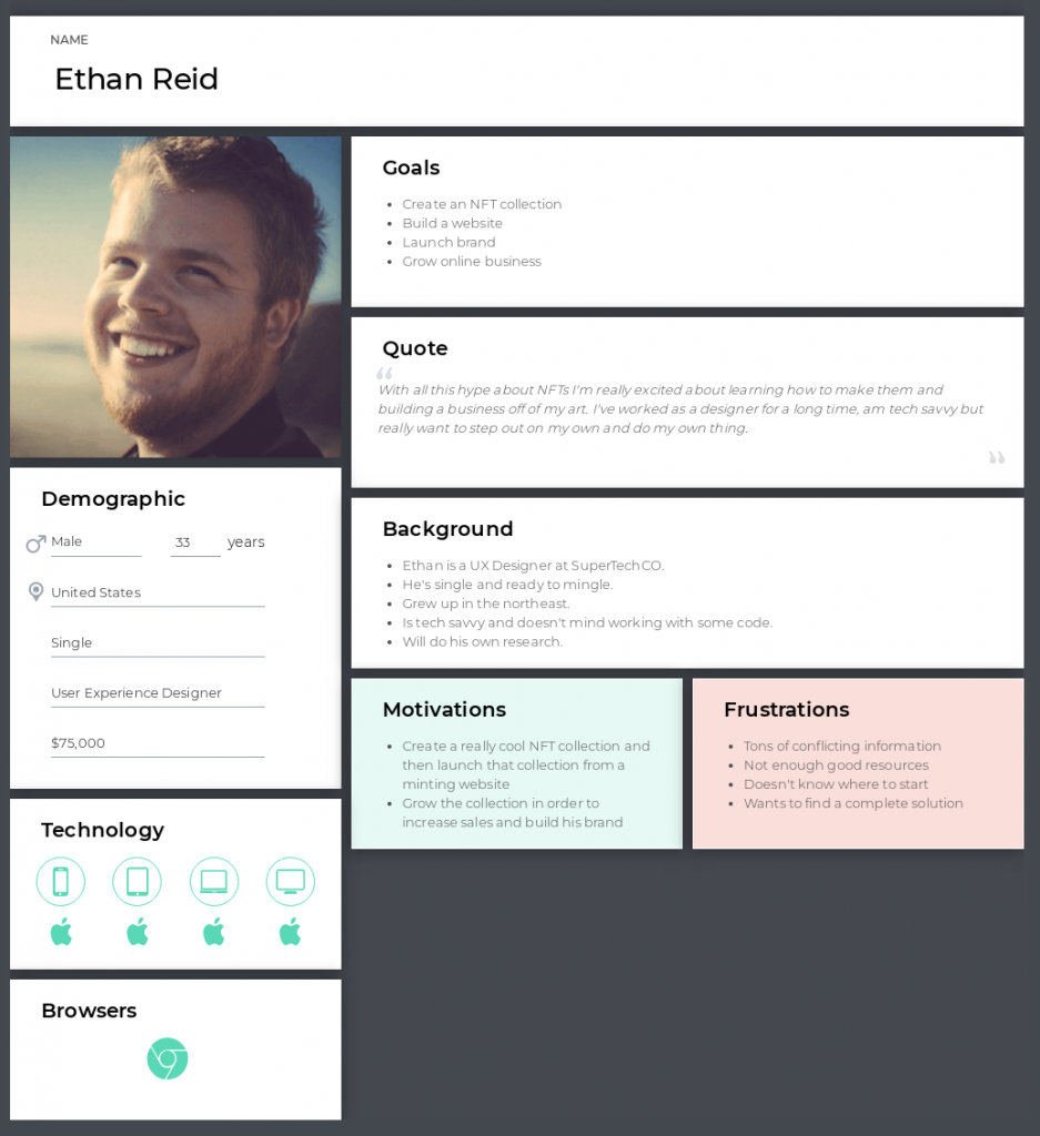 A user persona depicting a UX Designer named Ethan created with UXPressia.