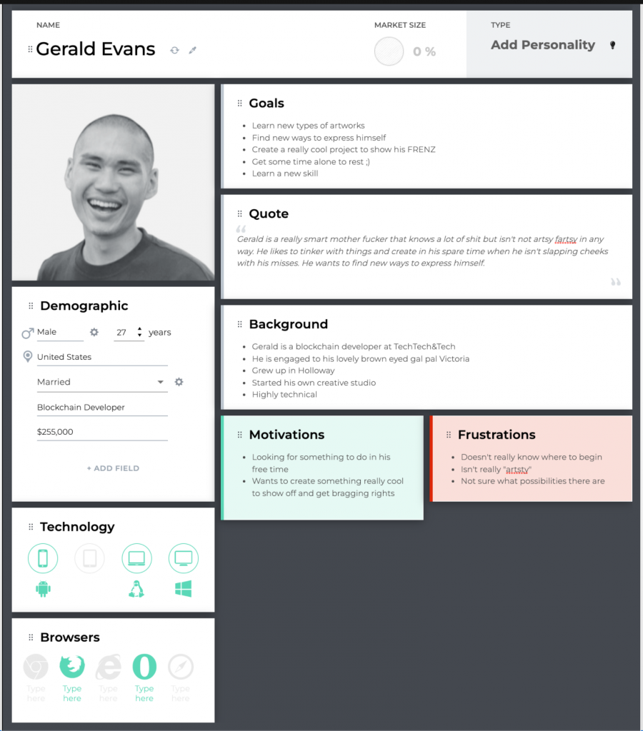 A user persona depicting a UX Designer named Gerald created with UXPressia.