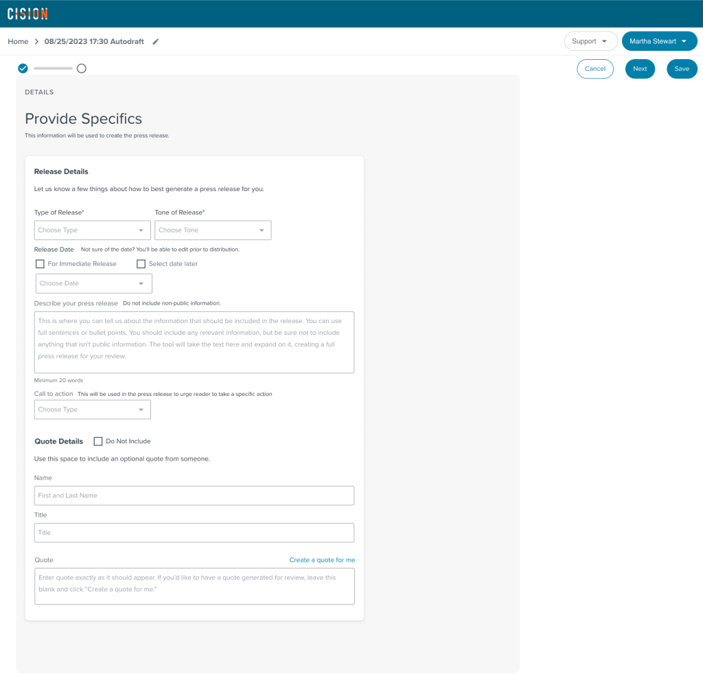 PRNewswire high-fidelity mockup of the generative ai press release form.